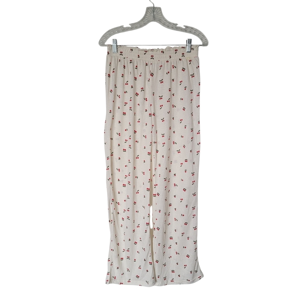 Ivory Crepe Fabric with Red and Green Cherry Print Lounge Pants Size Large